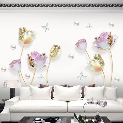 Stickers Muraux Fleurs 3D Autocollant Mural Doré Fleurs de Lotus Tulipe Deco Stickers Salon Salle de Bain Chambre Enfants Bébé Décoration (1/4)