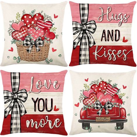 Set mit 4 dekorativen Leinen-Kissenbezügen für die Couch, ideal zum Valentinstag, zur Hochzeit oder zum Hochzeitstag, 45 x 45 cm