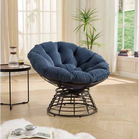 Sillón papasan 92x92x67 cm de metal y ratán PE marrón y azul, giratorio para salón FloraGrace (1/5)