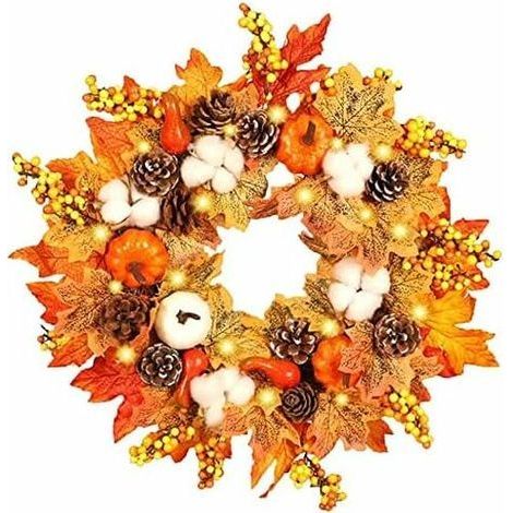 Couronne de Citrouille Artificielle en Feuille d'érable pour Porte d'entrée 45cm Couronne de Feuille d'érable de Thanksgiving, Décorations Murales Porte de Guirlande Noël Halloween Thanksgiving Day(45 (1/5)