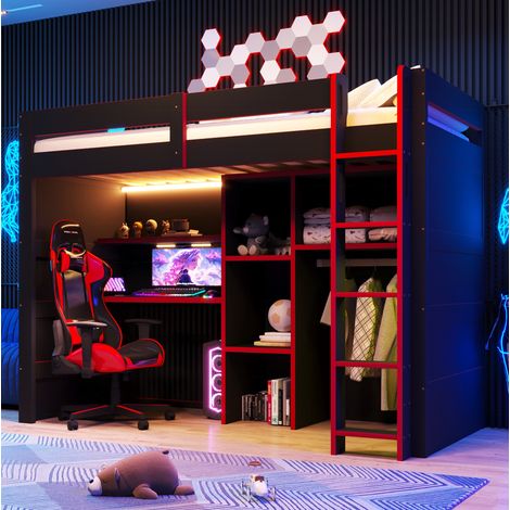 Cama alta 90x200 cm negro/rojo con escritorio, armario abierto, LED y puerto USB (1/5)