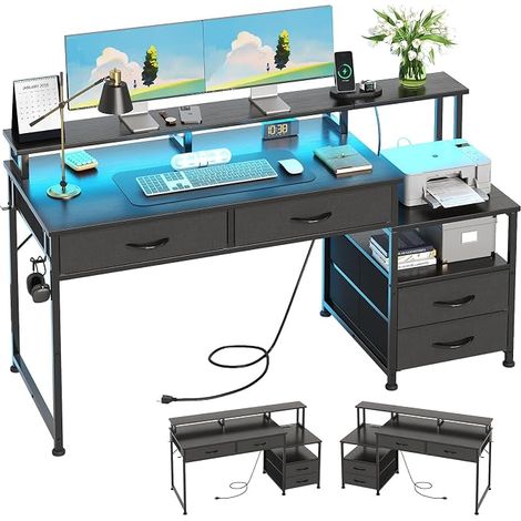 Bureau d'ordinateur avec 4 tiroirs et Prises intégrées. Modèle Réversible pour Maison/Bureau, Gaming avec Support Moniteur/imprimante. LED intégrée(Noir) (1/5)