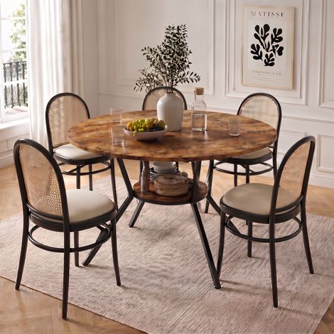 Tavolo da pranzo rotondo da 120 cm per 4-6 persone, ideale per cucina e soggiorno, in MDF e metallo con ripiano portaoggetti, nero e marrone (1/5)