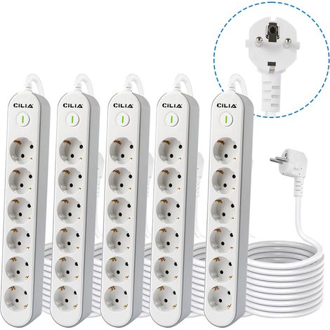 CILIA Lot de 5 Bloc 6 Prises Schuko avec Interrupteur Lumineux - Multiprise Compacte 1.5m, Puissance 3680W (16A) - Certifiée Sécurité Enfant pour Salon et Cuisine (1/5)
