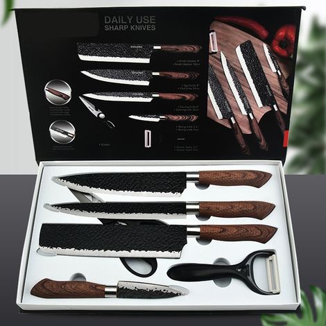 Ensemble de 6 couteaux martelés multifonctions et ergonomiques en acier inoxydable martelé avec manche en bois pour la cuisine domestique (1/5)