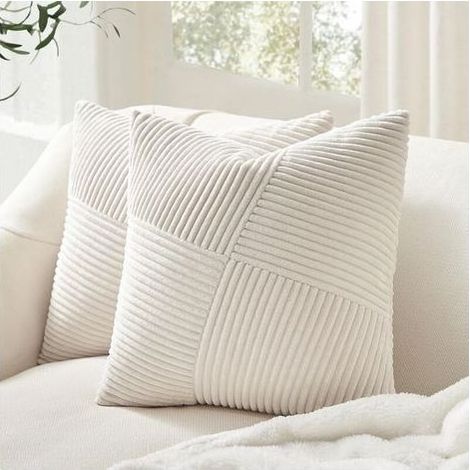 Housse de Coussin 45x45 cm Crème et Blanc en Velours Côtelé Doux – Lot de 2 avec Motif Rayures Patchwork pour Canapé Salon ou Chambre Bohème Art Déco (1/5)