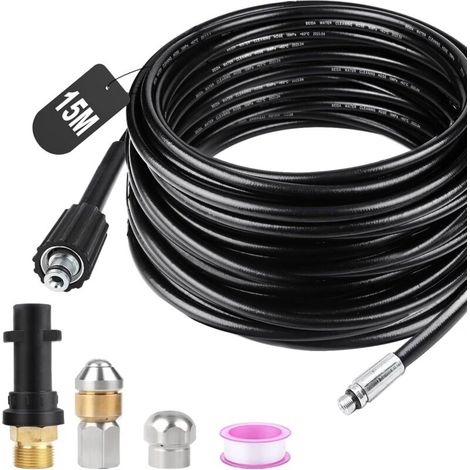 Tuyau Deboucheur Canalisation Haute Pression 15M 180bar Tuyau Déboucheur Flexible Tuyau Nettoyeur Haute Pression avec Buse à Jet et Buse Rotatif, Adaptateurs pour Kärcher K2 K3 K4 K5 K6 K7