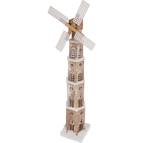 LED Holz Windmühle ca. 110 cm x 20 cm mit drehenden Flügeln und weihnachtlicher Schneeoptik - Weihnachts Winter Deko Holz Aufsteller