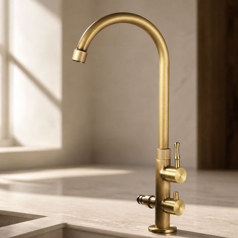Robinet mitigeur laiton antique rond double sortie 360° avec tuyau inox 80cm (1/5)