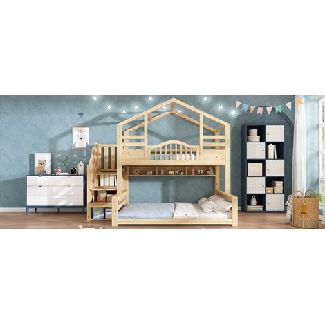 Lit mezzanine enfant. Lit de style cottage en bois naturel. Dimensions : 90 x 200 cm au-dessus du sommier, 140 x 200 cm en dessous du sommier. Comprend un espace de rangement. Matelas non inclus. (1/5)