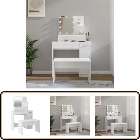 Ensemble de coiffeuse avec LED Blanc Bois d'ingénierie - Meuble De Salle De Bain - Coiffeuse Blanche - Vanity Table - Meuble Rangements - Éclairage Led