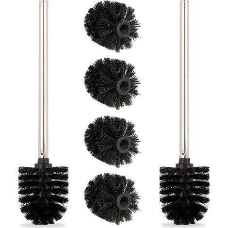 Relaxdays Toilettenbürste, 2er Set, WC-Bürste, inkl. 4 Ersatzbürstenköpfe, Klobürste Edelstahl, HxD 35 x 8 cm, schwarz (1/5)