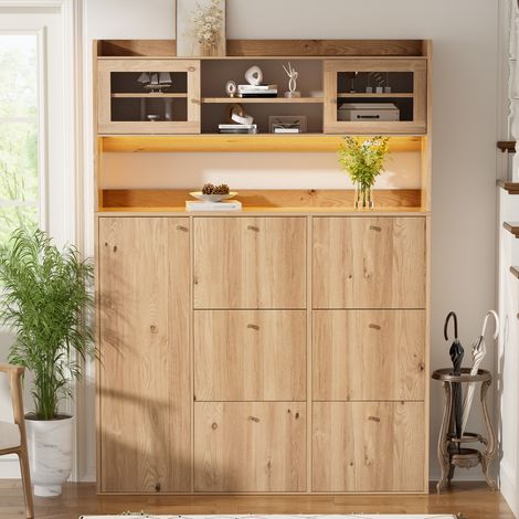Meuble à chaussures 130 x 25 x 180 cm, armoire de rangement, 6 abattants, 6 compartiments, éclairage LED, panneaux de particules, bois naturel (1/5)