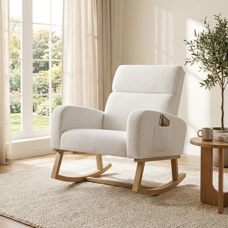 Rocking chair teddy,fauteuil à bascule d'allaitement avec poches latérales et pieds en bois massif,tissu effet laine bouclée,blanc
