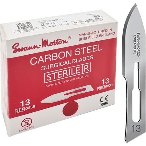 Hojas quirúrgicas de acero al carbono Swann-Morton, 13, estériles, 100 unidades (1/4)