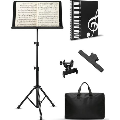 Pupitre Musique Pliable 2 en 1 Support de Partitions en Métallique et Stable Hauteur Réglable avec Porte-livre Sac de Transport pour Enfants Adultes Noir