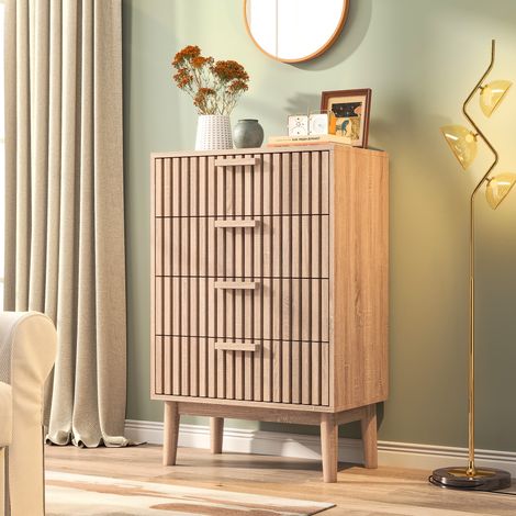 Settimanale 4 cassetti 60x34x91 cm, cassettiera scandinava con maniglie in legno e design ventilato, MDF, naturale