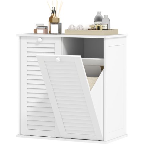 Meuble vasque salle d'eau en bois blanc avec coffre à linge intégré, armoire à portes persiennées, 2 bacs coulissants, dimensions 70 x 38 x 73 cm. (1/5)