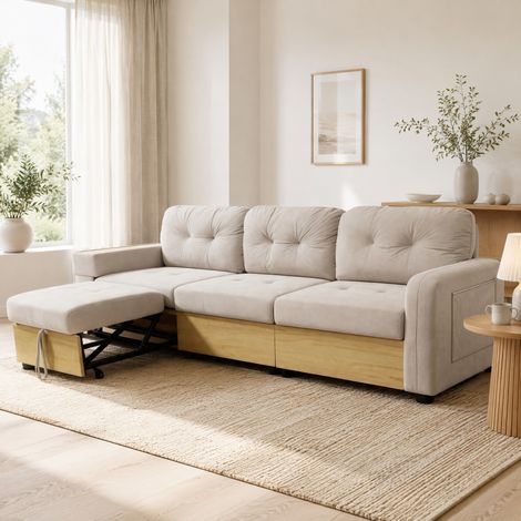 Sofá rinconera en L 228x80x78 cm beige de terciopelo con chaise longue extraíble, almacenaje y USB (1/5)