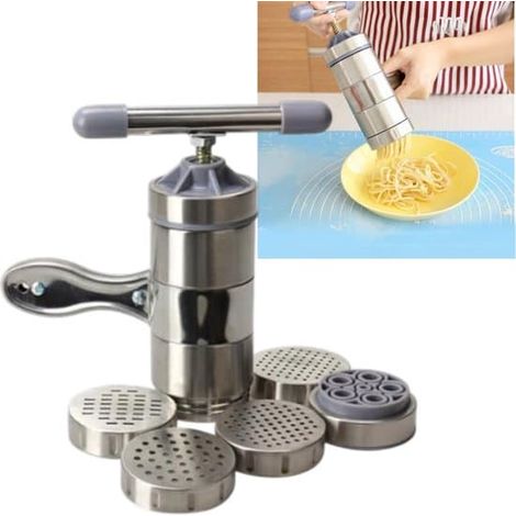 1 machine à pâtes manuelle en acier inoxydable, presse à pâtes multifonctionnelle, 5 accessoires inclus, dimensions : 6 x 13,5 x 18 cm, pour un usage domestique, en métal. (1/3)