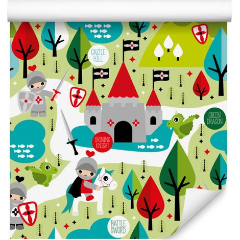 Papel pintado de caballeros de cuento de hadas, dragones y árboles para salón y dormitorio 50x1000 cm (1/5)
