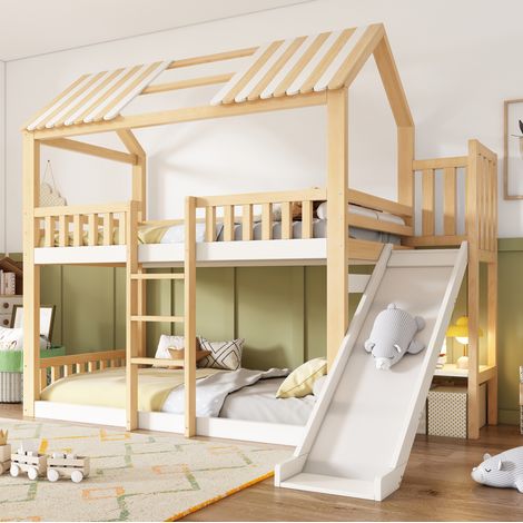 Etagenbett 90x200 cm Weiß und Natur aus Holz mit Giebeldach, Regal und sicherem Aufstieg (1/5)