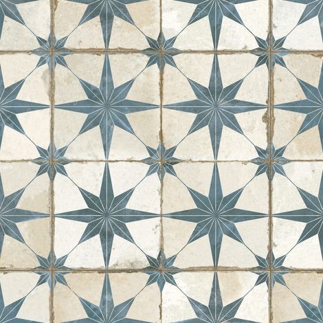 Carrelage Vintage effet Carreau ciment Etoile Bleue et Fond Blanc 45x45x0,95 cm Sparta - Sol et mur intérieur (vendu par carton de 1 m²) - RO'MA CARRELAGE