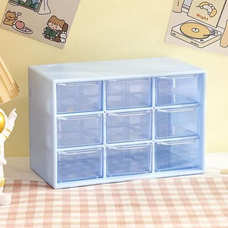 BOITE DE RANGEMENT - Organisateur de bureau 9 tiroirs, boîte de rangement murale transparente à compartiments - Bleu (1/4)