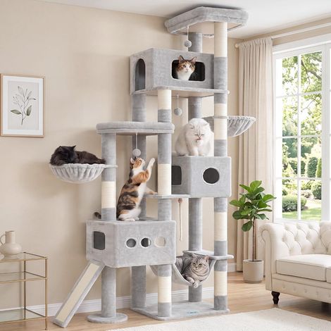 Arbre À Chat 225 cm XXL – Arbre Stable pour Chats Grands, 3 Niches, 2 Paniers Suspendus, Hamac, Planche À Griffer, 2 Plates-Formes D'Observation, Socle Stable, Gris Clair (1/5)