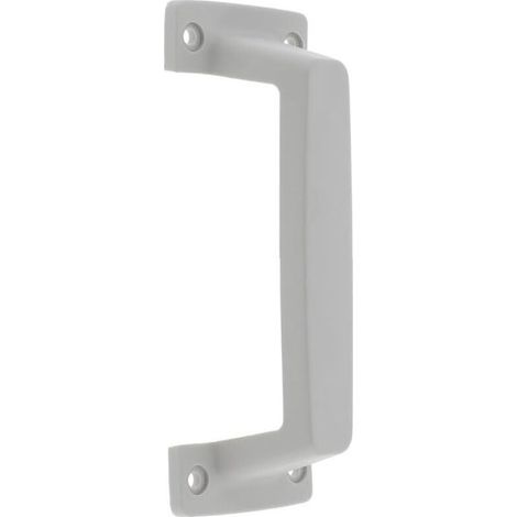 Grauer PVC-Garagentorgriff, 46 mm Durchmesser, 145 x 45 mm Befestigungslöcher. Robuste Ausführung für optimale Langlebigkeit.