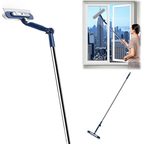 Nettoyeur de vitres télescopique 2-en-1 – Tête pivotante pour angles difficiles – Manche ergonomique 120 cm – Brosse microfibre et raclette caoutchouc