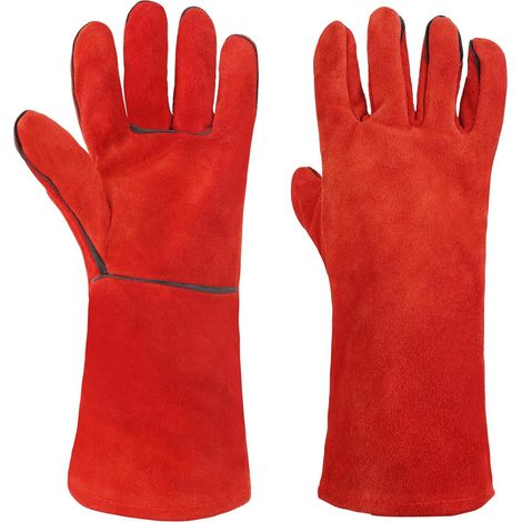 Guanti lunghi da saldatura in pelle resistenti al calore e al fuoco - Per forno, barbecue, cottura al forno, camino, giardinaggio - Rosso (1/5)