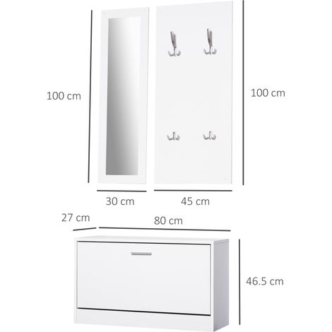 Ensemble de meubles en bois pour l'entrée, 3 pièces (étagère à chaussures, porte-vêtements, miroir), 80 x 27 x 46,5 cm - blanc (1/5)