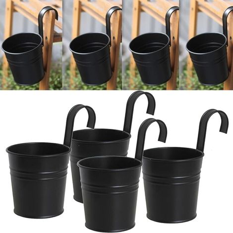 Set mit 4 schwarzen Blumentöpfen zum Aufhängen aus Metall mit abnehmbarem Haken für Außen- und Innenbereich, Zaun, Balkon, Garten, Heimdekoration (1/4)