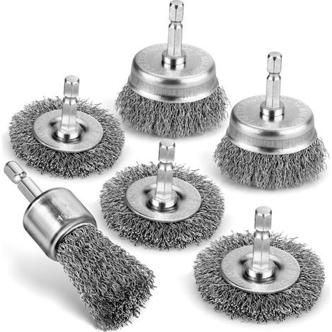 Lot de 6 brosses métalliques professionnelles en acier au carbone pour perceuse, brosses coupelles pour le nettoyage de la rouille, accessoires de perceuse avec tige hexagonale de 6,35 mm. (1/5)