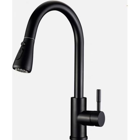 Cross-border trade stainless steel pull-out kitchen faucet, hot and cold water universal telescopic faucet for vegetable sinks and dishwashers -- Black one-button water stop pull-out