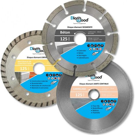 Diamwood – Lot de 3 disques diamant 125 mm – Alésage 22,23 mm – Segmenté, turbo, continu – Pour béton, carrelage, pierre naturelle