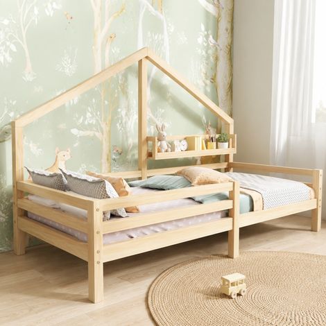 Cama cabaña infantil 207x97x138,5 cm de pino natural con estante integrado, sin colchón (1/5)