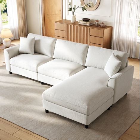 Divano angolare a 3 posti in ciniglia beige con chaise longue reversibile, 256 x 137 x 79 cm, OKWISH (1/5)