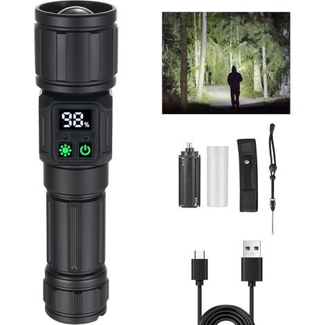 Linterna LED ultra potente Tom-shine con zoom – Recargable por USB-C, 5000 mAh, 9 modos + luz lateral e indicador de batería, resistente al agua IPX4 para caza, acampada y emergencias. (1/5)