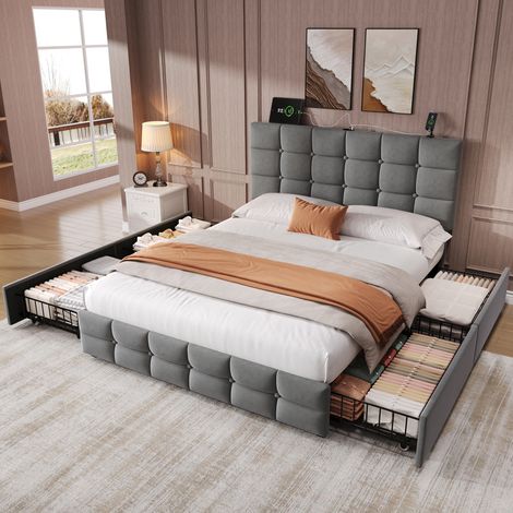 4ft6 Velvet Double Bed Frame with Storage Drawers,Charging Station,and Adjustable Tufted Headboard in Grey