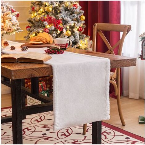 Chemin De Table Noel, 35x180cm Chemin De Table Fourrure Blanc, Chemin De Table Blanc Fourrure, Chemin De Table en Fausse Fourrure pour Halloween Mariage Noël Décorer Table À Manger La Fenêtre (1/5)