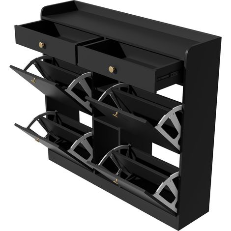 Scarpiera nera con 4 ante a ribalta, 2 cassetti e 3 vani aperti, 110 x 26 x 100 cm (1/5)