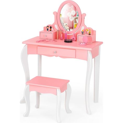 COSTWAY Coiffeuse avec Tabouret pour Enfants de Style Princesse avec Miroir Pivotant à 360° Amovible et 3 Tiroirs Rose et Blanc (1/5)