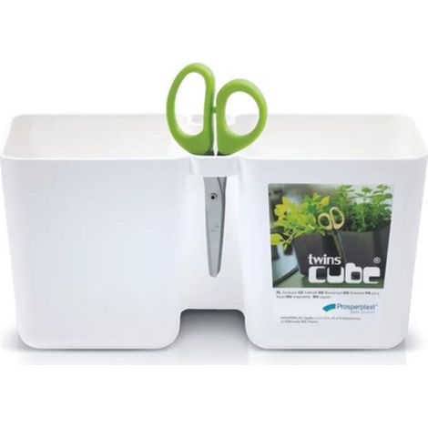 Pot double Twins Cube Blanc pour la culture des aromates avec ciseaux triple lames (1/2)