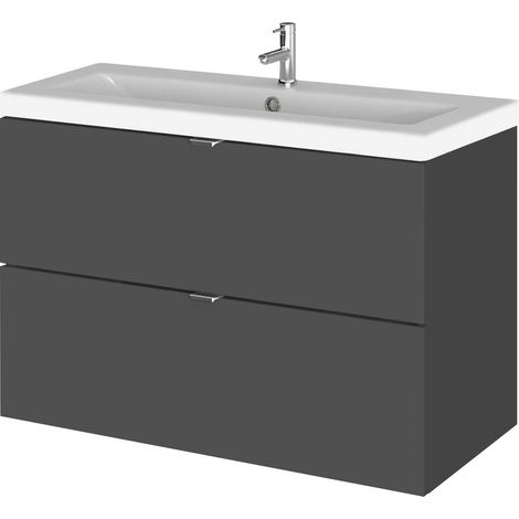 Hudson Reed Fusion Wall Hung 2-Drawer Vanity Unit with Ceramic Basin 820mm Wide - Gloss Grey (1/5)