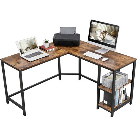 Bureau d'angle en forme de L – Bois marron rustique et noir – Étagère de rangement incluse – Montage facile pour bureau à domicile (1/5)