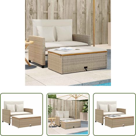 2-Sitzer - Gartensofa mit Kissen 2-Sitzer Beige Poly Rattan & Akazienholz (1/5)