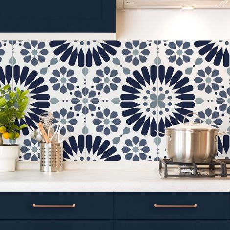 99Déco – Crédence de cuisine en aluminium composite 3 mm – Effet carreaux de ciment bleu – Dimensions 360x50 cm – Pose rapide sans outil (1/5)