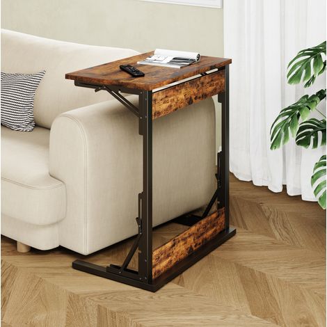 Table d'appoint en C pliante en bois dérivé et métal brun rustique 60 x 37 x 71 cm (1/5)